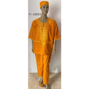 Men's Embroidered Yellow Pant Set with Kufi Hat - FI-20053 Yellow