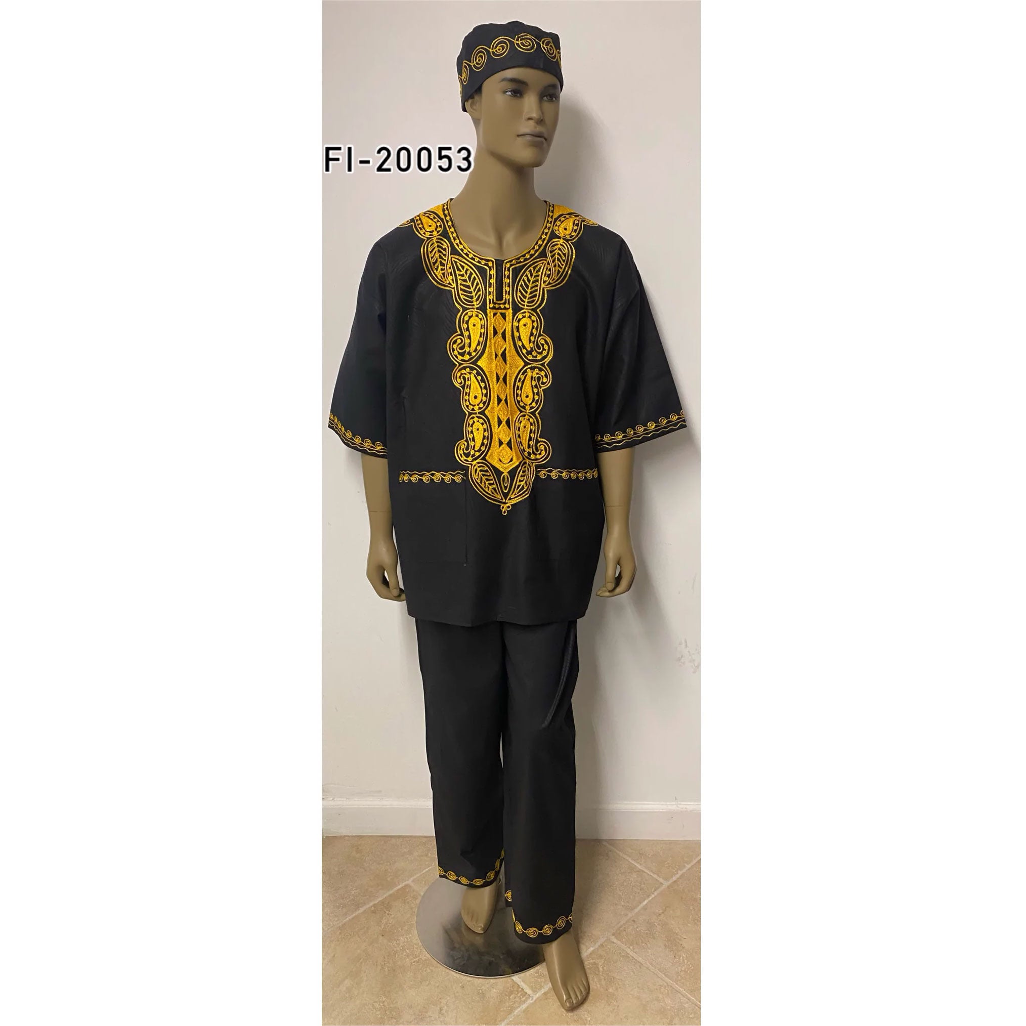 Men's Gold Embroidered Black Short Sleeve Pant Set with Kufi Hat - FI-20053 Black