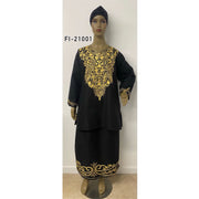 Women's Gold Embroidered Black Long Sleeve Skirt Set - FI-21001 Black