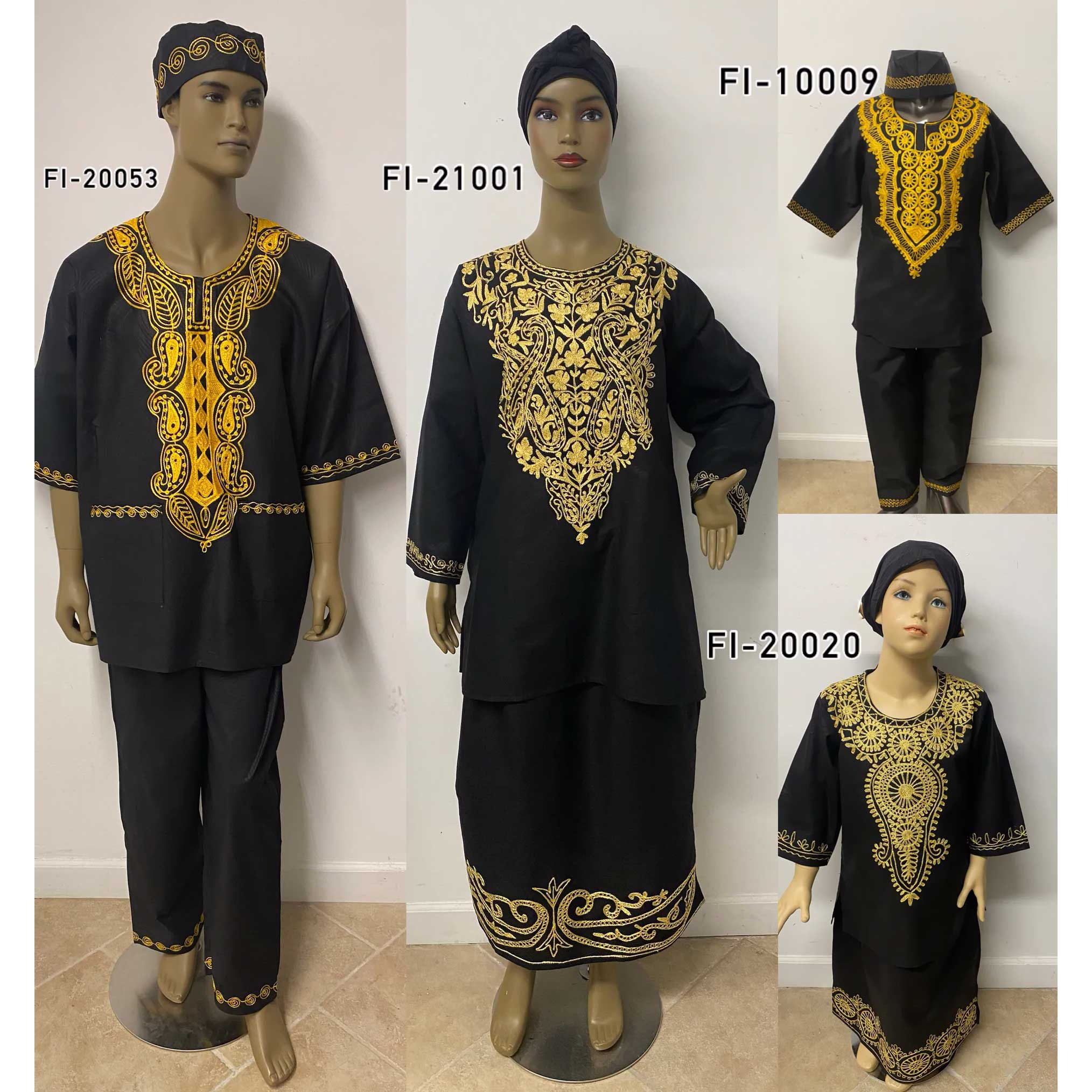 Men's Gold Embroidered Black Short Sleeve Pant Set with Kufi Hat - FI-20053 Black