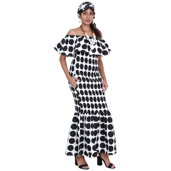 Women's Printed Smocking Off Shoulder Mermaid Dress - FI-P50077