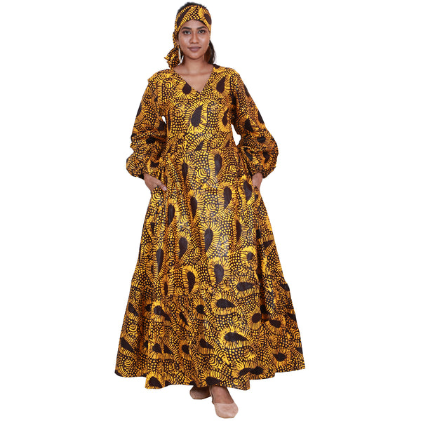 Women's Printed Long Sleeve Maxi Wrap Dress with Scarf - FI-P6203