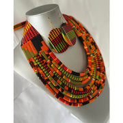 African Fabric Layer Necklace with Disc Earrings