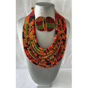 African Fabric Layer Necklace with Disc Earrings