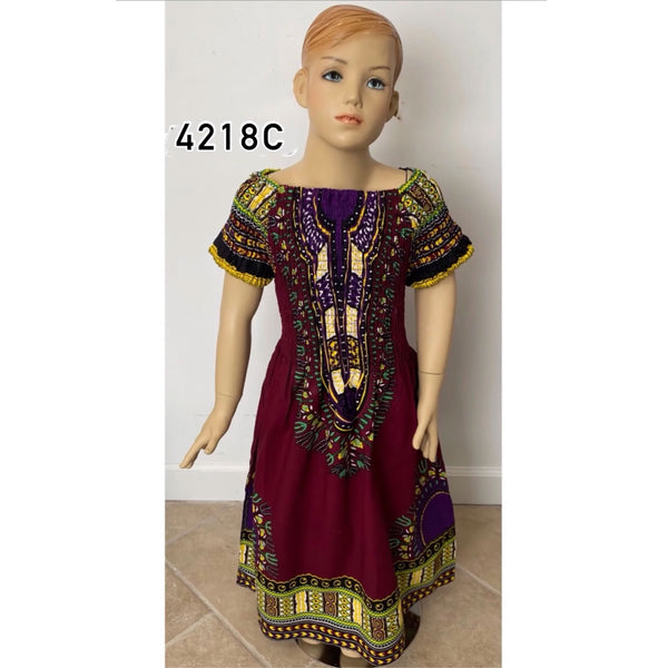 African Girl's Dashiki Smocking Off Shoulder Maxi Dress - #4218C