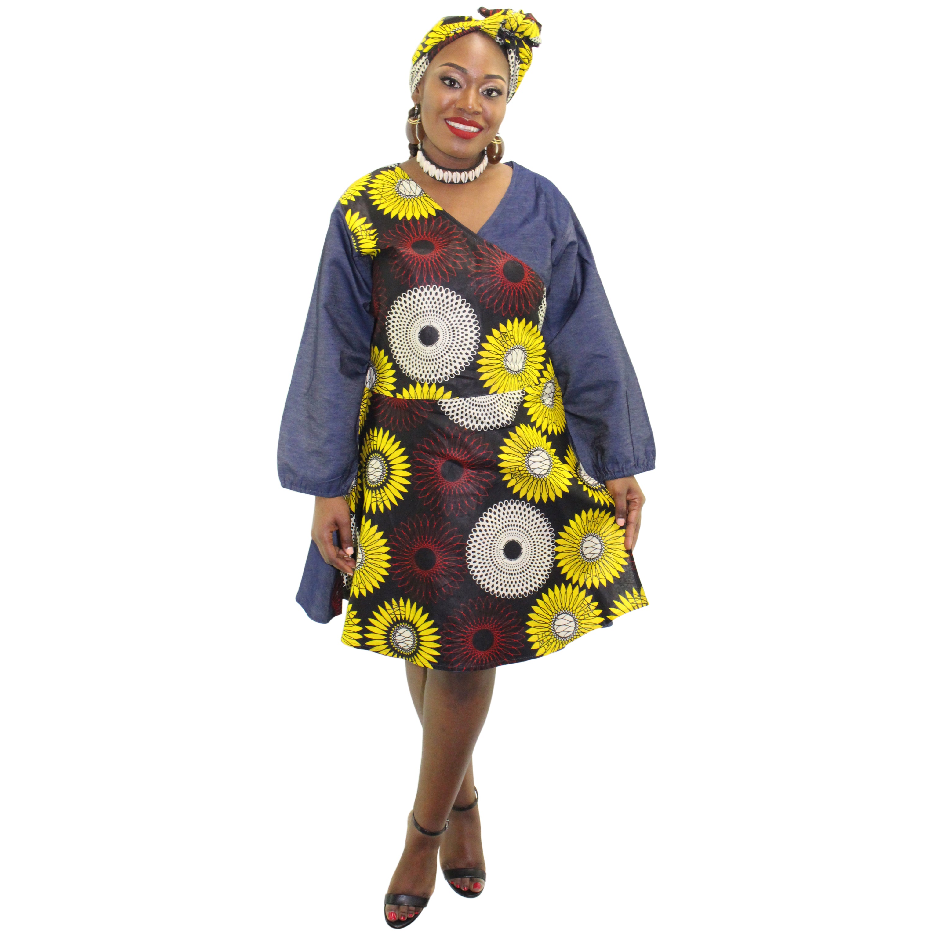Women's African Print Short Denim Wrap Dress - FI-57 F/S