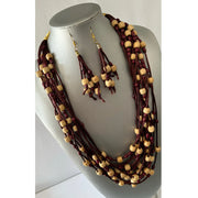 Long Multi Strand Rope Necklace with Wooden Style Beads Set