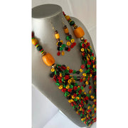 Long Multi Layer Beaded Necklace and Earrings Set with Gemstones