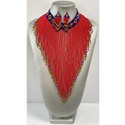 African Tribal Beaded Long Layered Necklace Set -- RED -- Jewelry A18