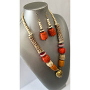 Long Brass Pendant African Tribal Style Necklace and Earrings Set