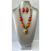 Long Brass Pendant African Tribal Style Necklace and Earrings Set