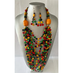 Long Multi Layer Beaded Necklace and Earrings Set with Gemstones