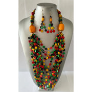 Long Multi Layer Beaded Necklace and Earrings Set with Gemstones