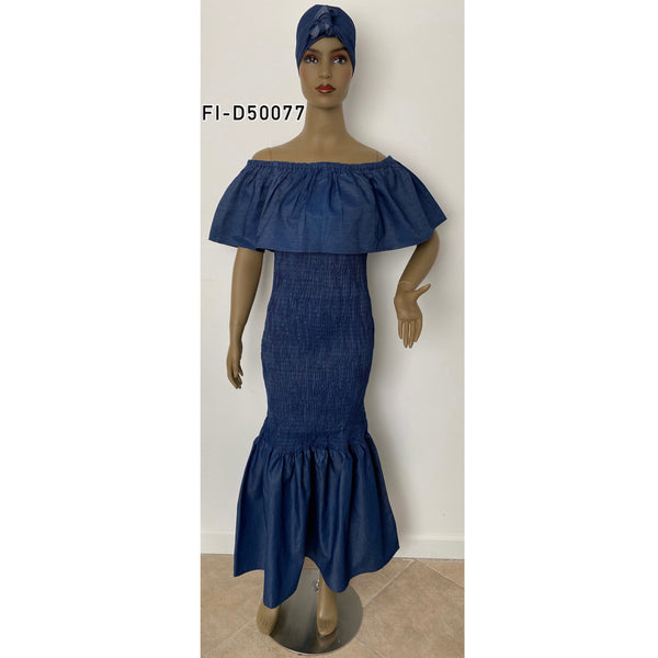 Women's Denim Smocking Off Shoulder Mermaid Dress - FI-D50077