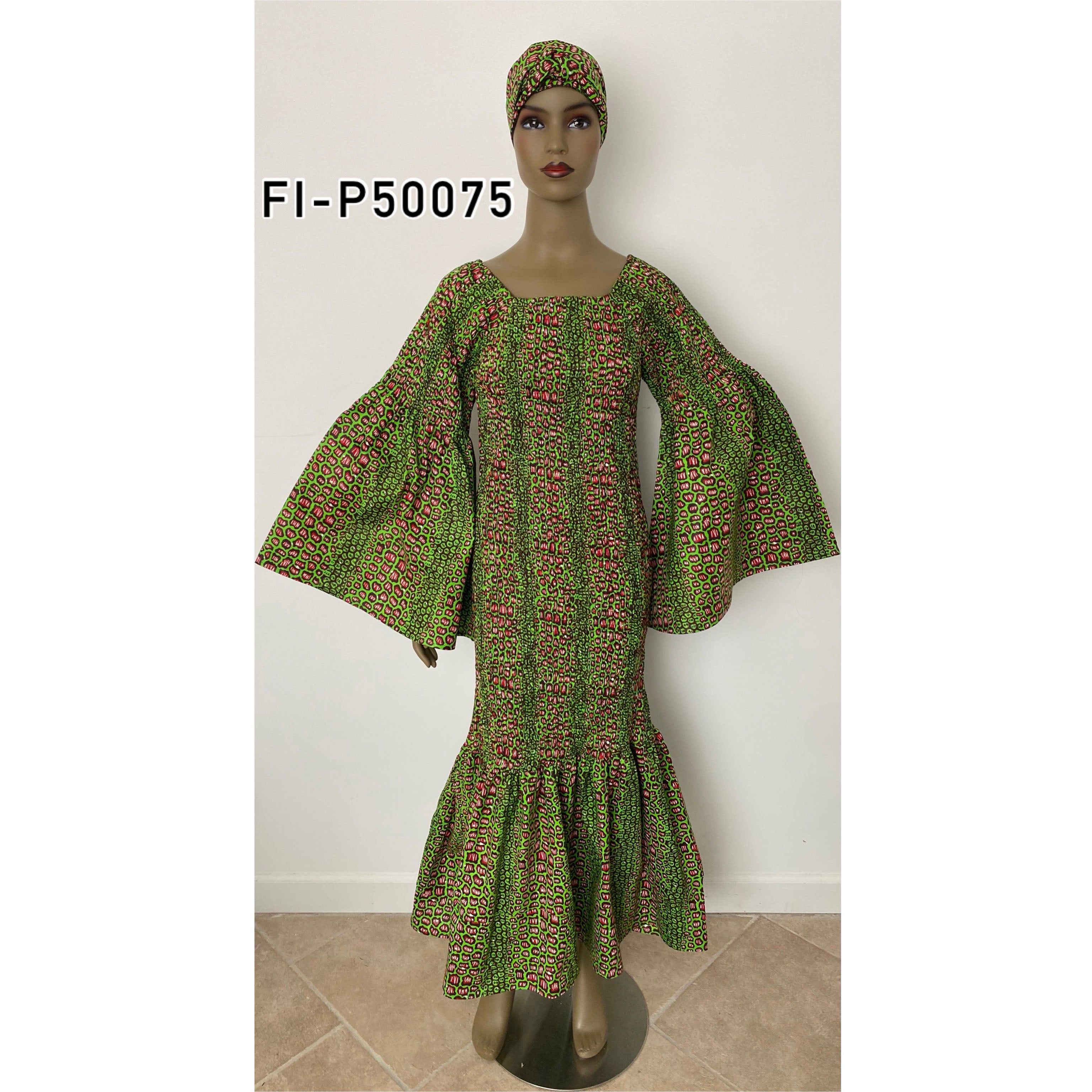 Women's Smocking Wide Bell Sleeve Fishtail Maxi Dress - FI-P50075