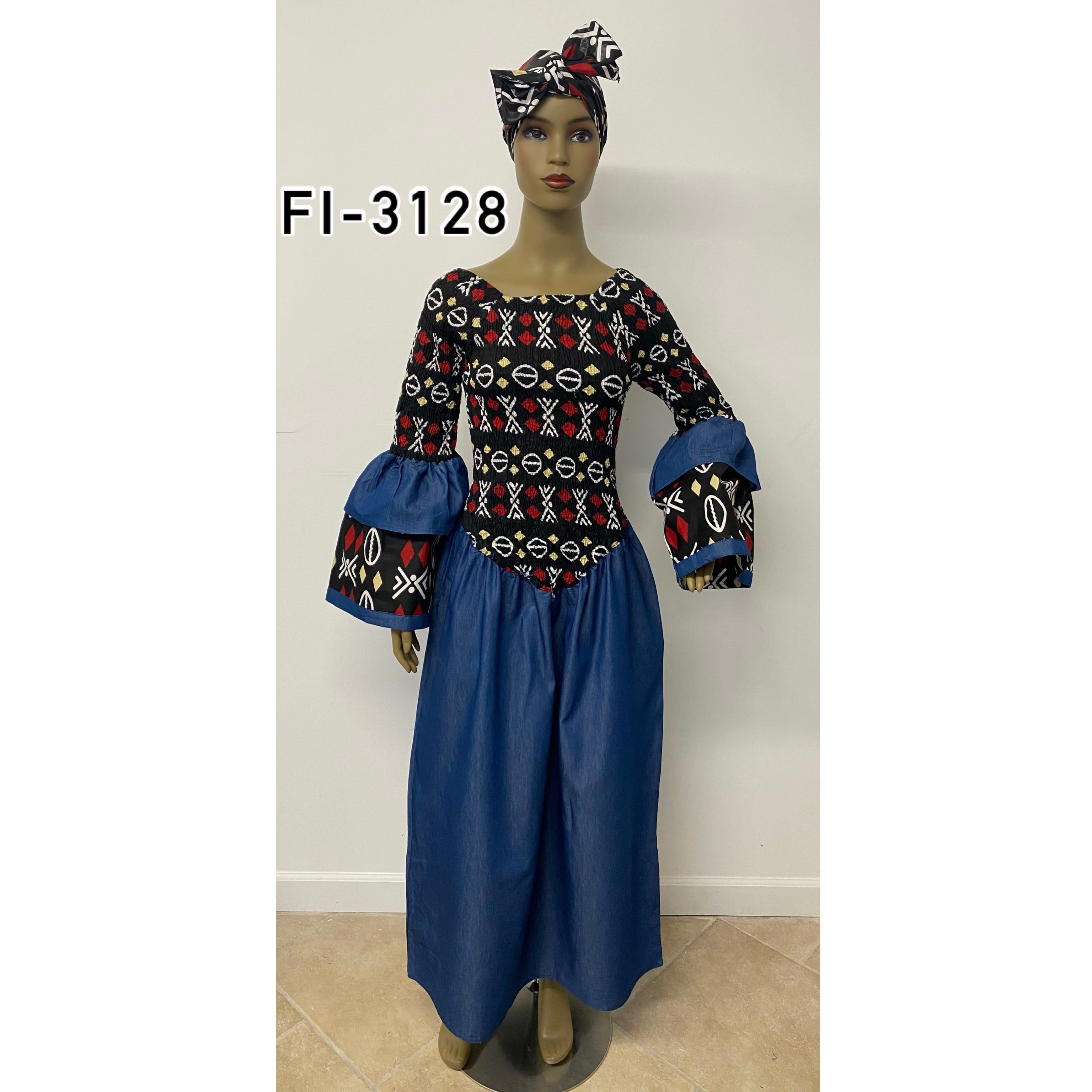 Women's Smocking Printed Denim Maxi Dress With Border - FI-3128