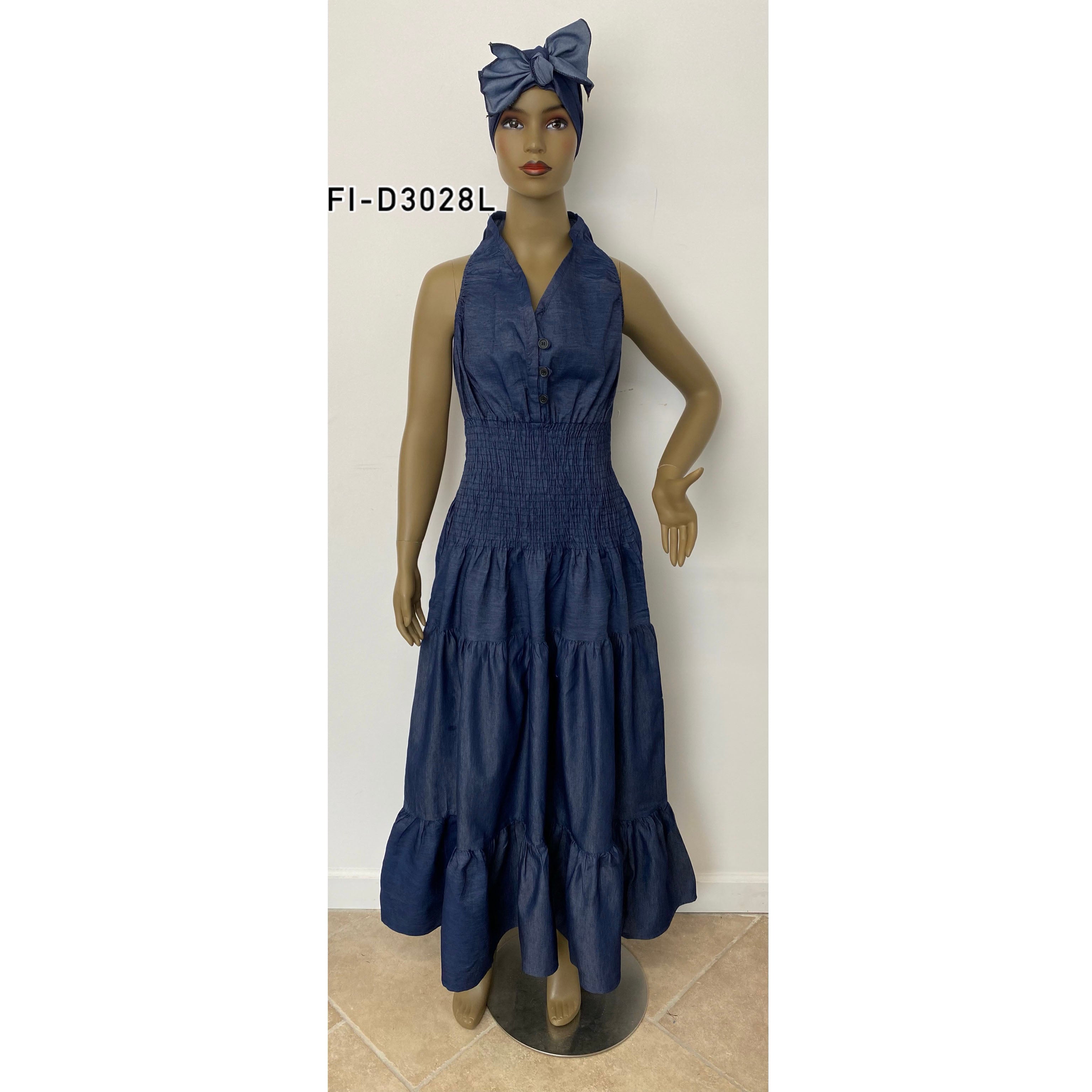 Women's Denim Halter Button Down Smocking Maxi Dress - FI-D3028L