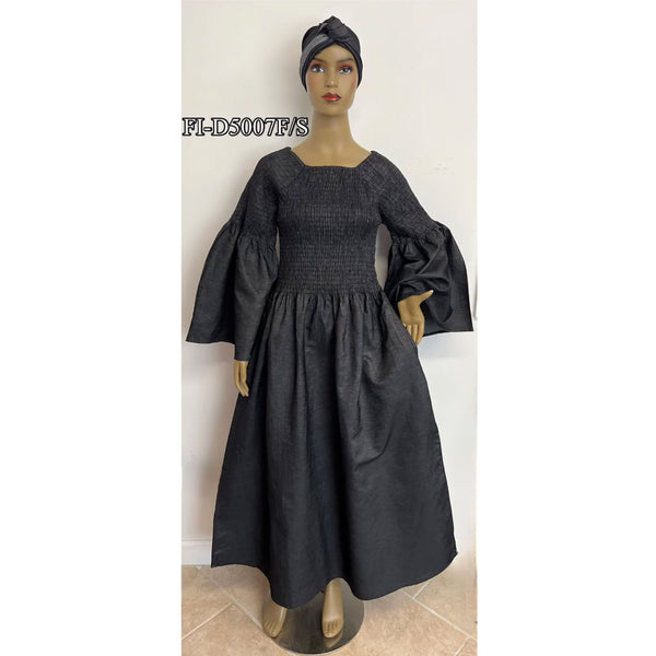African Women's Denim Smocking Maxi Dress -- FI-D5007FS