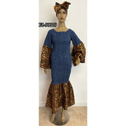 Women's Denim Smocking Bell Sleeve Fishtail Dress - FI-D50079