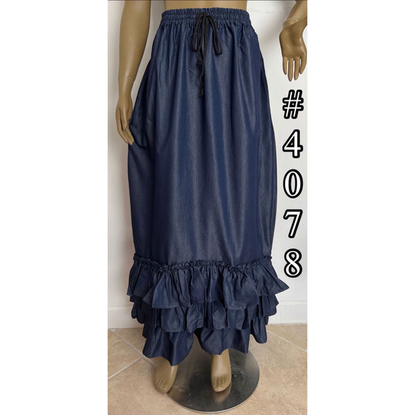 Women's Drawstring Denim Ruffle Maxi Skirt -- FI-4078