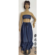 Women's Drawstring Denim Ruffle Maxi Skirt -- FI-4078