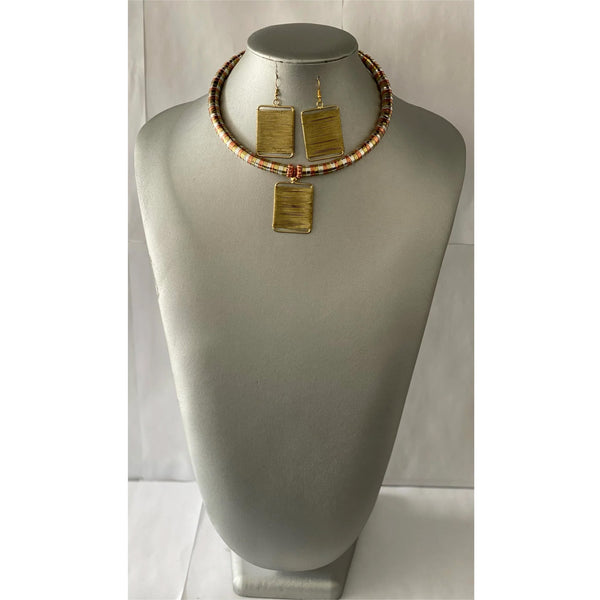 African Metal Rectangle Token Necklace Set -- TRICOLOR -- Jewelry A37