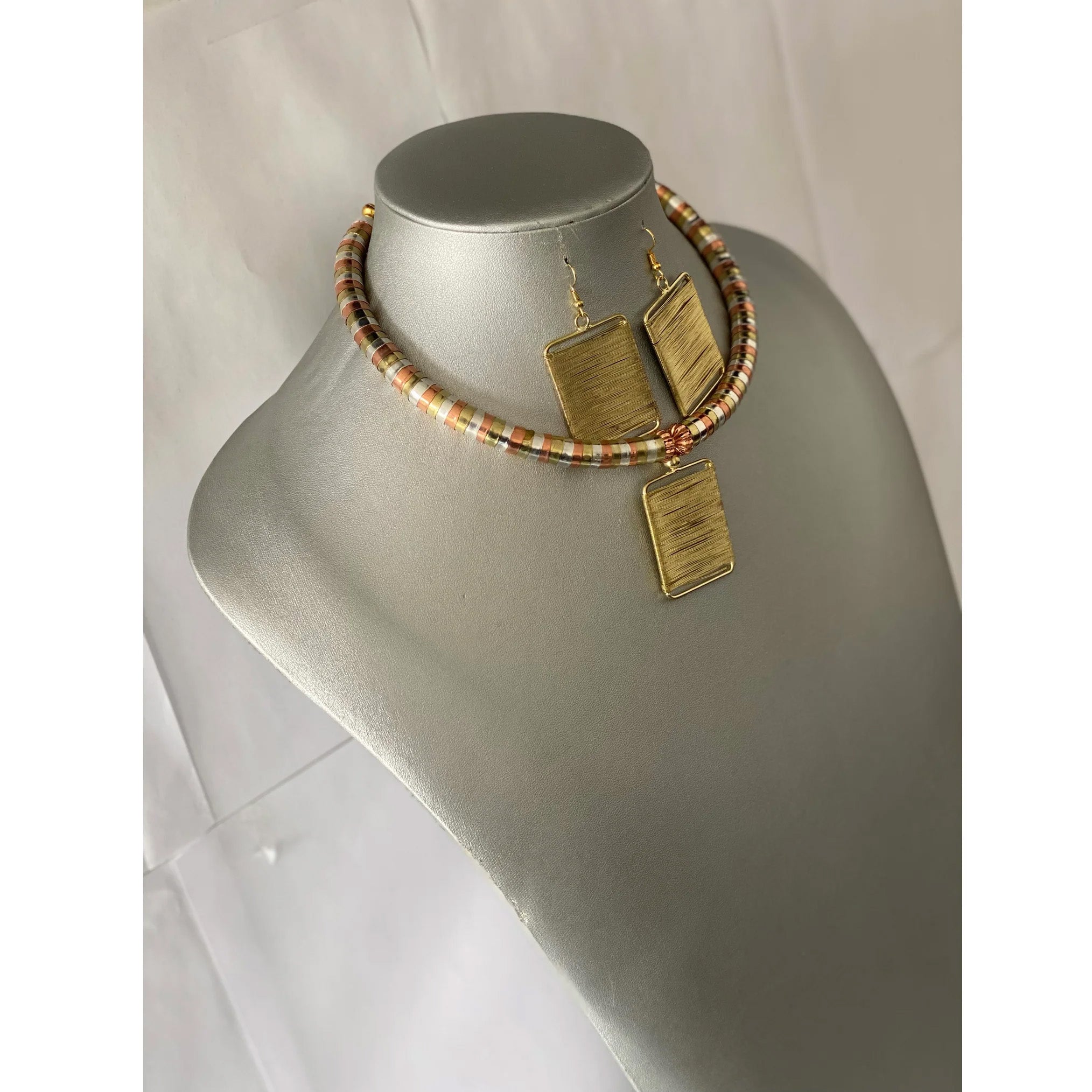 African Metal Rectangle Token Necklace Set -- TRICOLOR -- Jewelry A37