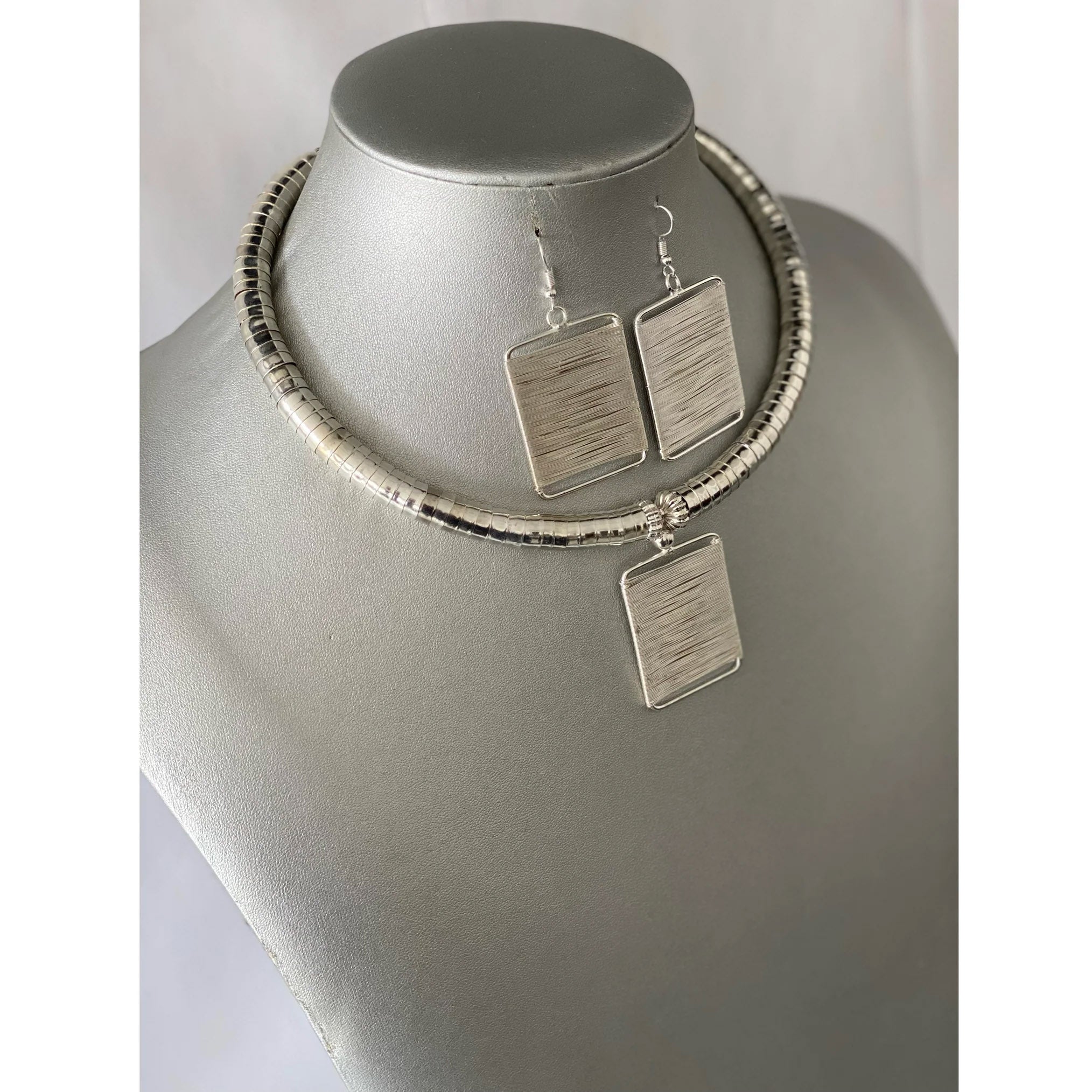 African Metal Rectangle Token Necklace Set -- SILVER -- Jewelry A35