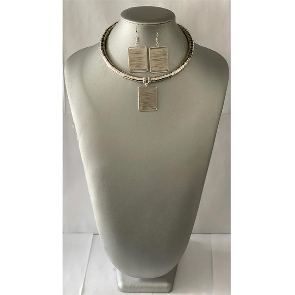 African Metal Rectangle Token Necklace Set -- SILVER -- Jewelry A35