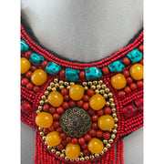 African Red Beaded Orange and Turquoise Gemstone Necklace ONLY -- Jewelry A33