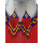 African Tribal Beaded Long Layered Necklace Set -- RED -- Jewelry A18