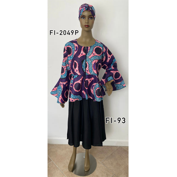 Women's African Print Flare Sleeve Peplum Blouse - FI-2049P