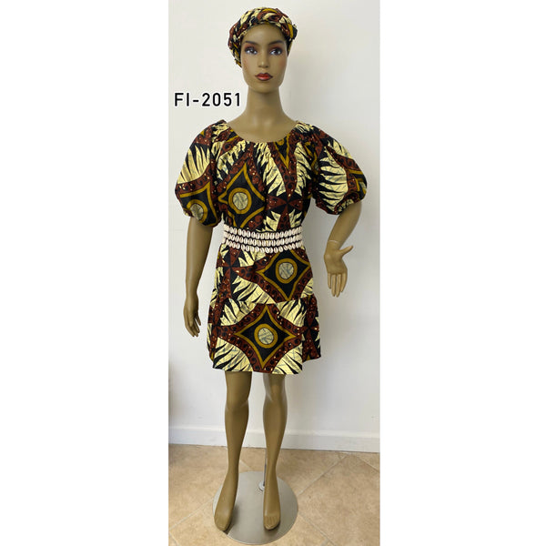 Women's African Print Short Sleeve Off Shoulder Dress - FI-2051