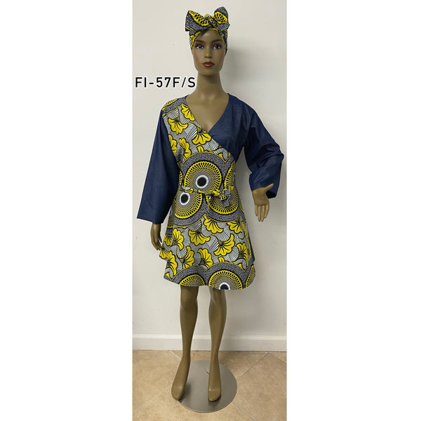 Women's African Print Short Denim Wrap Dress - FI-57 F/S