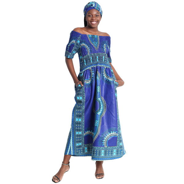 Women's Dashiki Smocking Short Sleeve Maxi Dress -- FI-5007