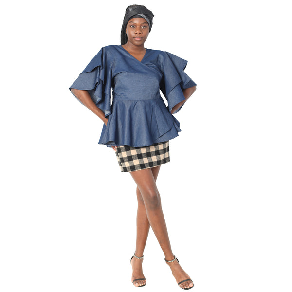 Women's Denim Peplum Wrap Blouse -- FI-DN3052