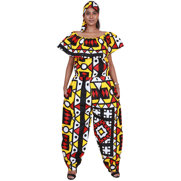Women's African Print Off Shoulder Jumpsuit with headwrap