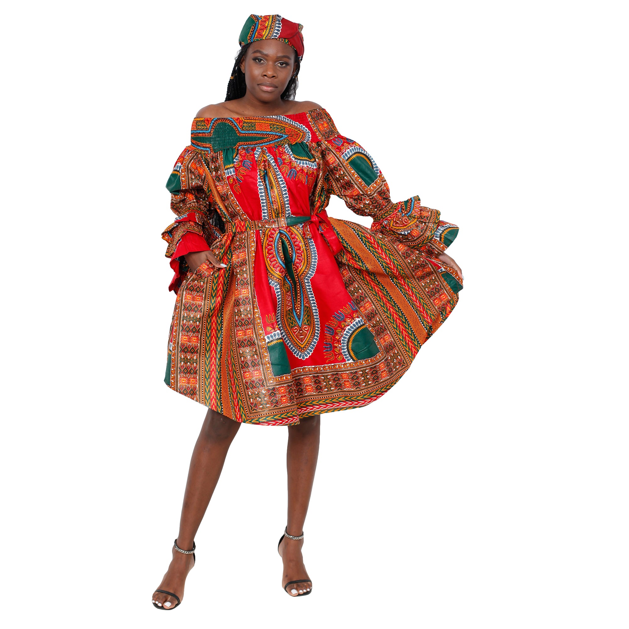 Women's Dashiki Off Shoulder Short Dress With Ruffle Sleeves -- Fi-d3006d Women's Dashiki Off Shoulder Short Dress With Ruffle Sleeves -- Fi-d3006d