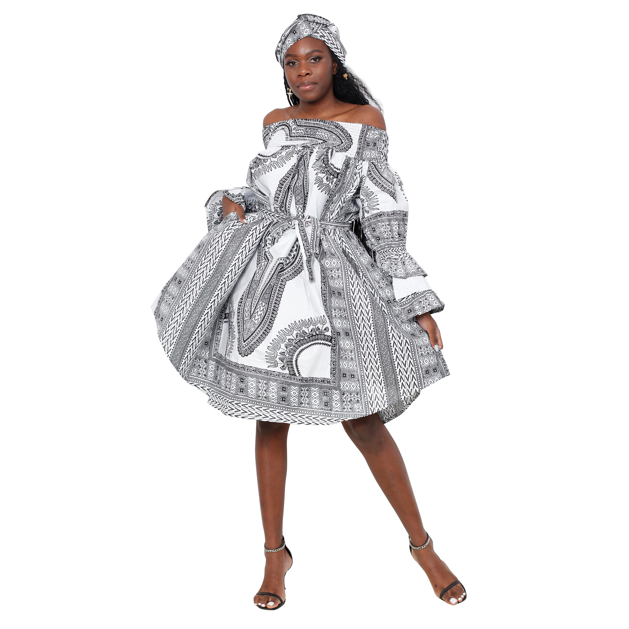 Women's Dashiki Off Shoulder Short Dress with Ruffle Sleeves -- FI-D3006D