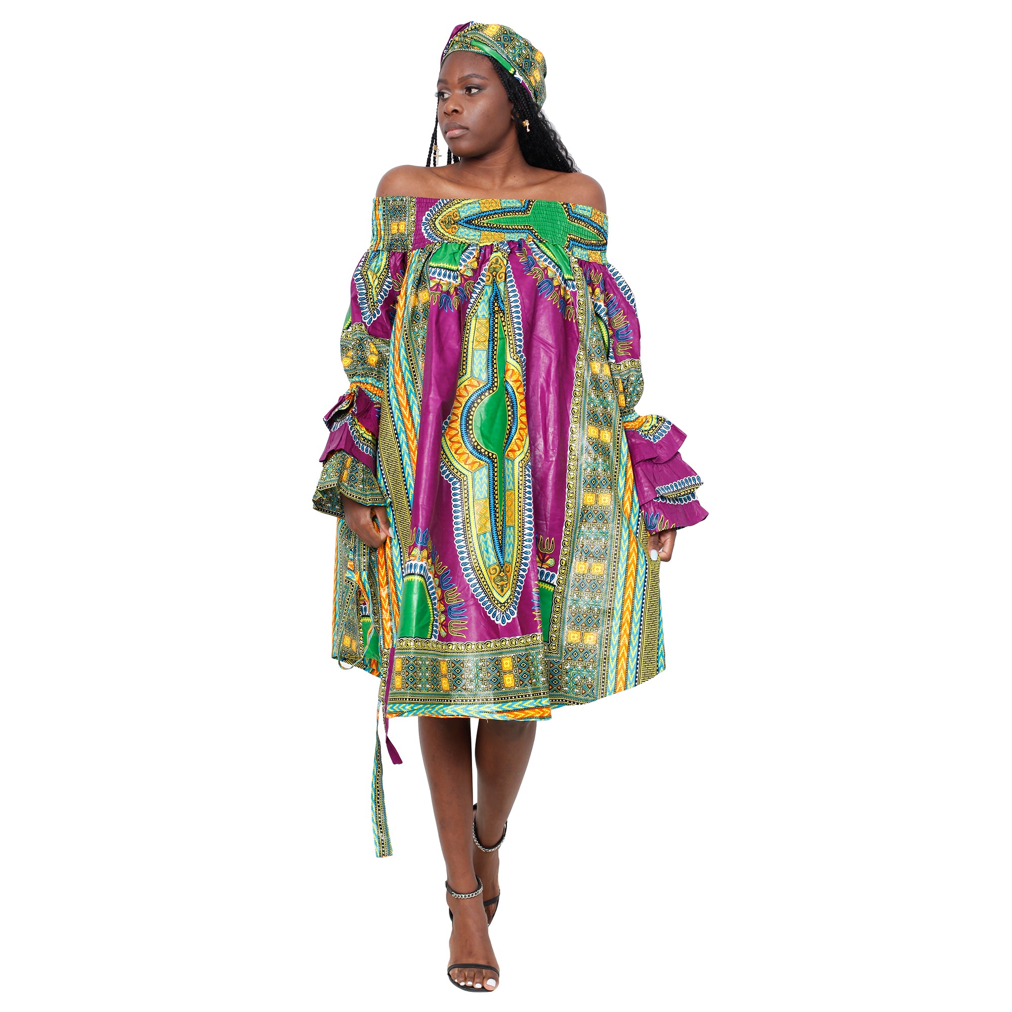 Women's Dashiki Off Shoulder Short Dress with Ruffle Sleeves -- FI-D3006D
