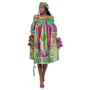Women's Dashiki Off Shoulder Short Dress with Ruffle Sleeves -- FI-D3006D