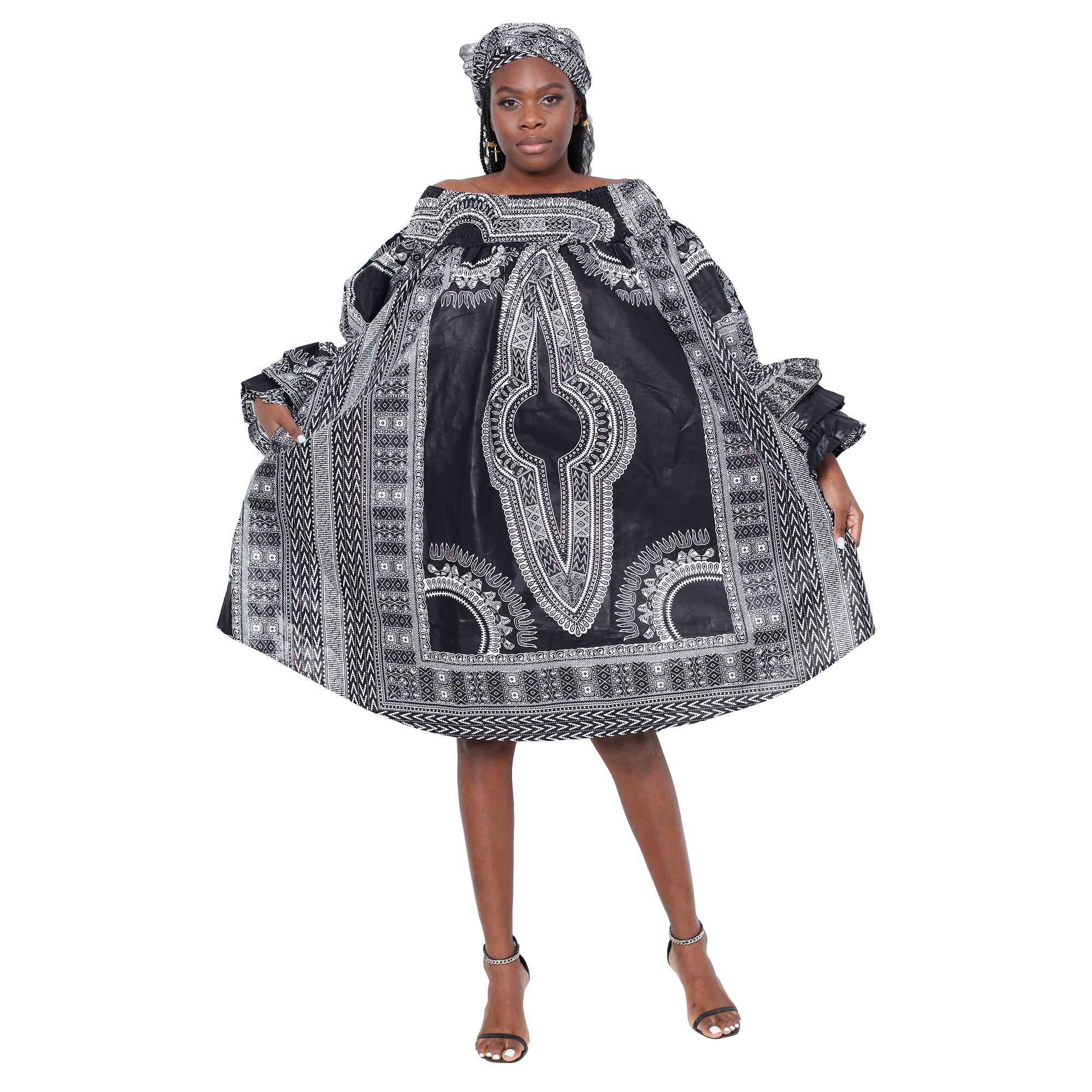 Women's Dashiki Off Shoulder Short Dress with Ruffle Sleeves -- FI-D3006D