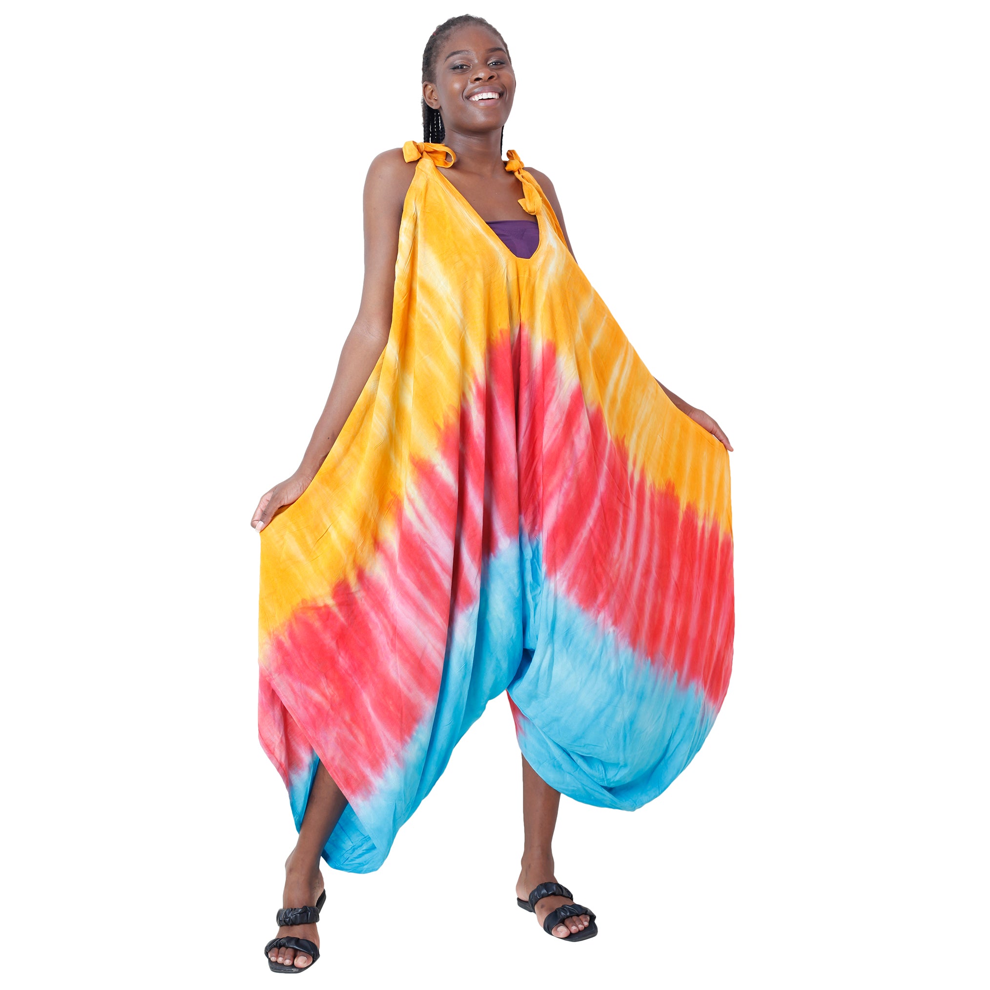 Women's Tie Dye Sleeveless Shoulder Tie Asymmetrical Jumpsuit - FI-3023 TD