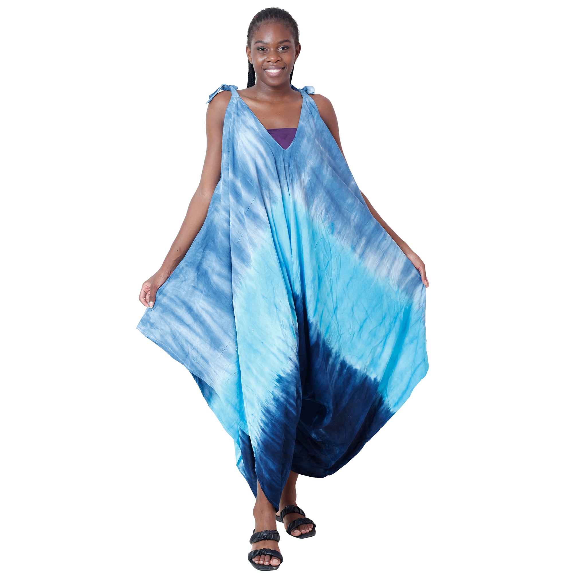 Women's Tie Dye Sleeveless Shoulder Tie Asymmetrical Jumpsuit - FI-3023 TD