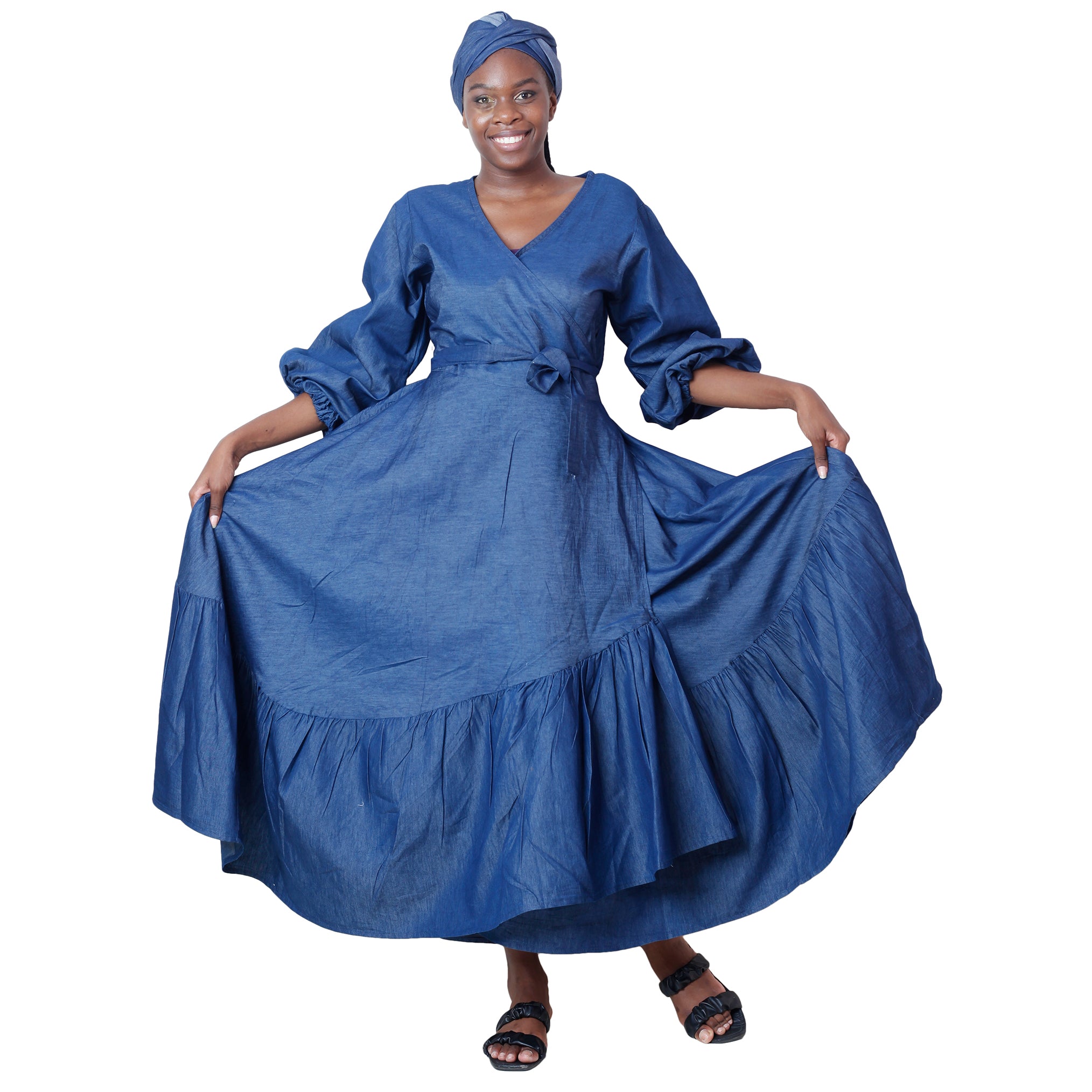 Women's Denim Long Sleeve Maxi Wrap Dress -- FI-6204D African-Stars Women's Denim Long Sleeve Maxi Wrap Dress -- FI-6204D African-Stars