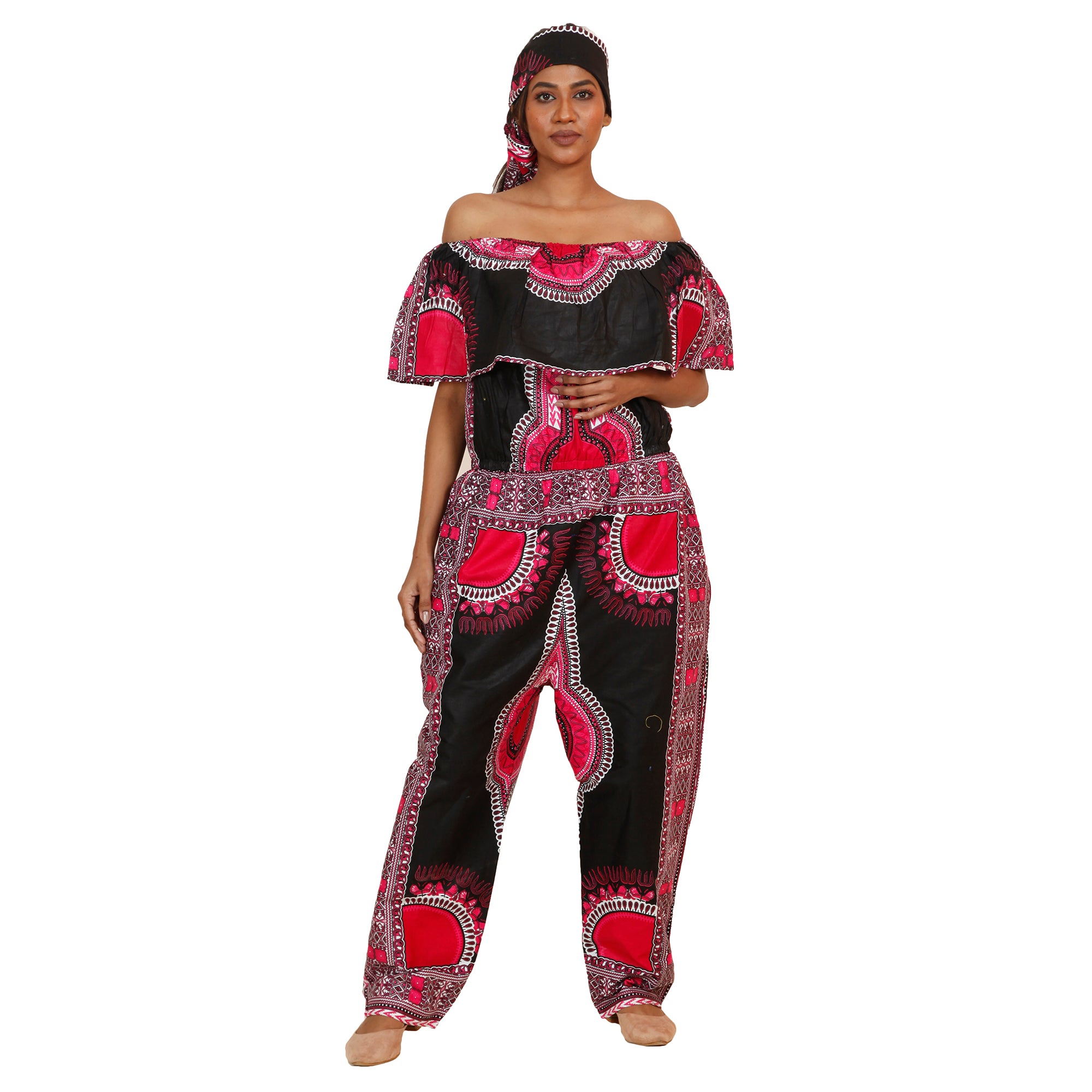 Women's Dashiki Off Shoulder Frill Jumpsuit