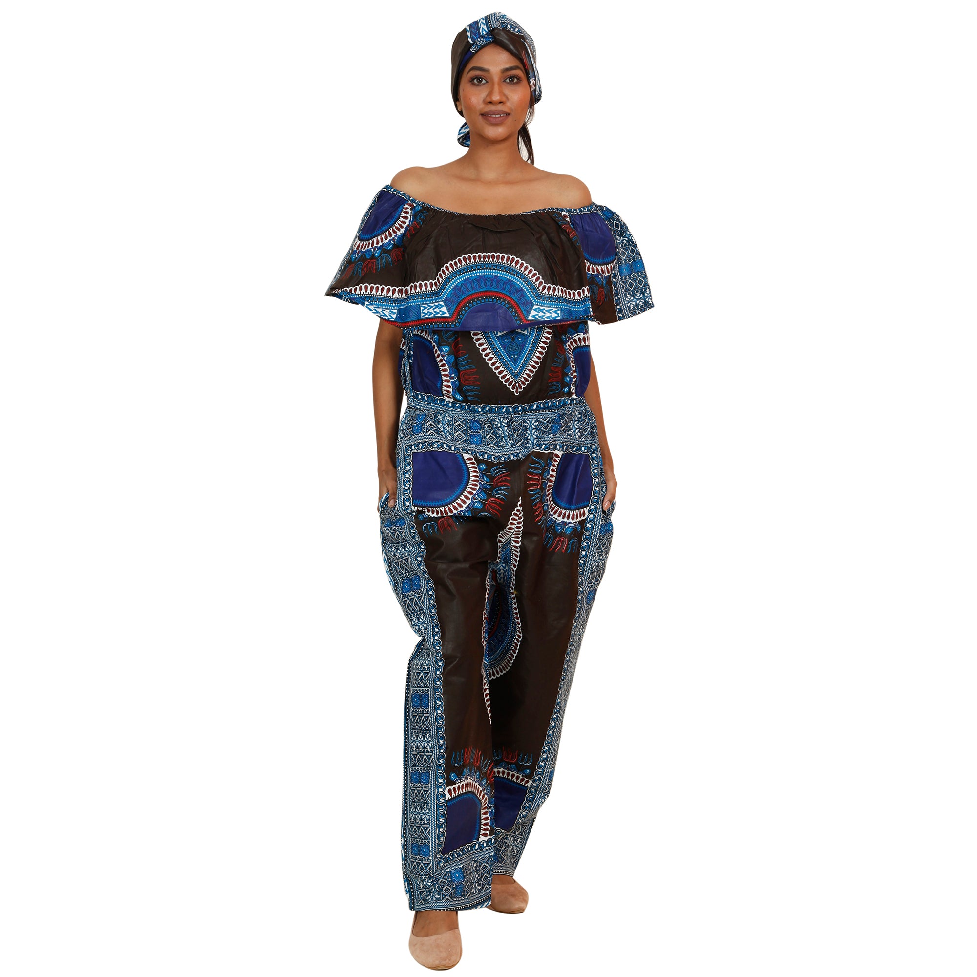 Women's Dashiki Off Shoulder Frill Jumpsuit