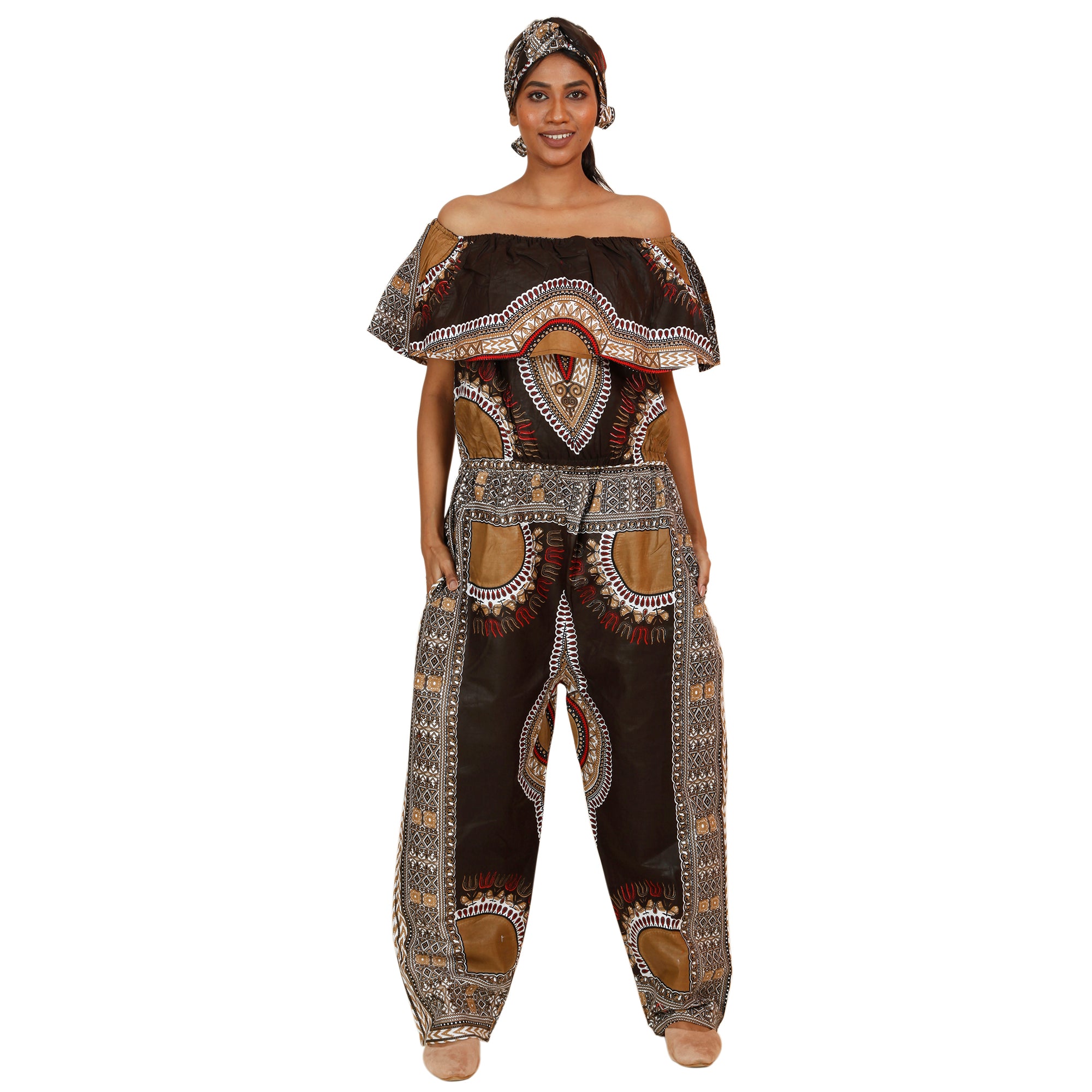 Women's Dashiki Off Shoulder Frill Jumpsuit -- FI-3061D