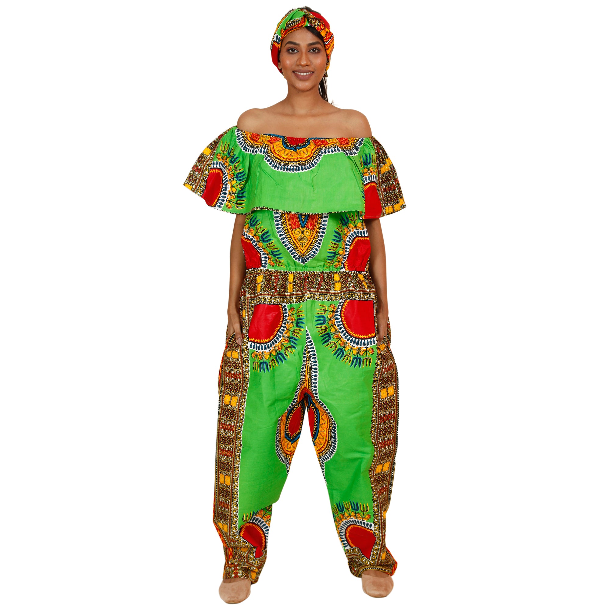 Women's Dashiki Off Shoulder Frill Jumpsuit -- FI-3061D