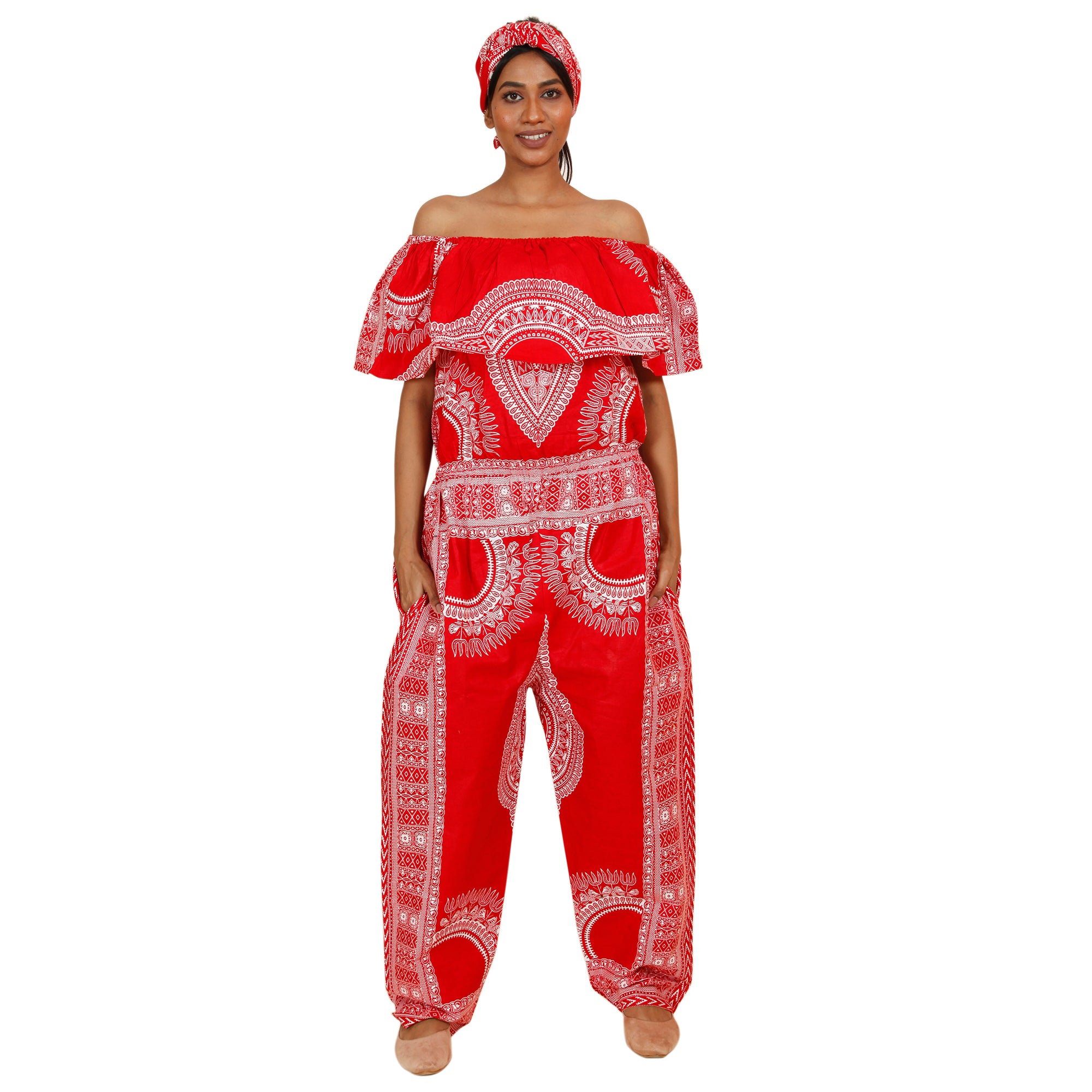 Women's Dashiki Off Shoulder Frill Jumpsuit -- FI-3061D